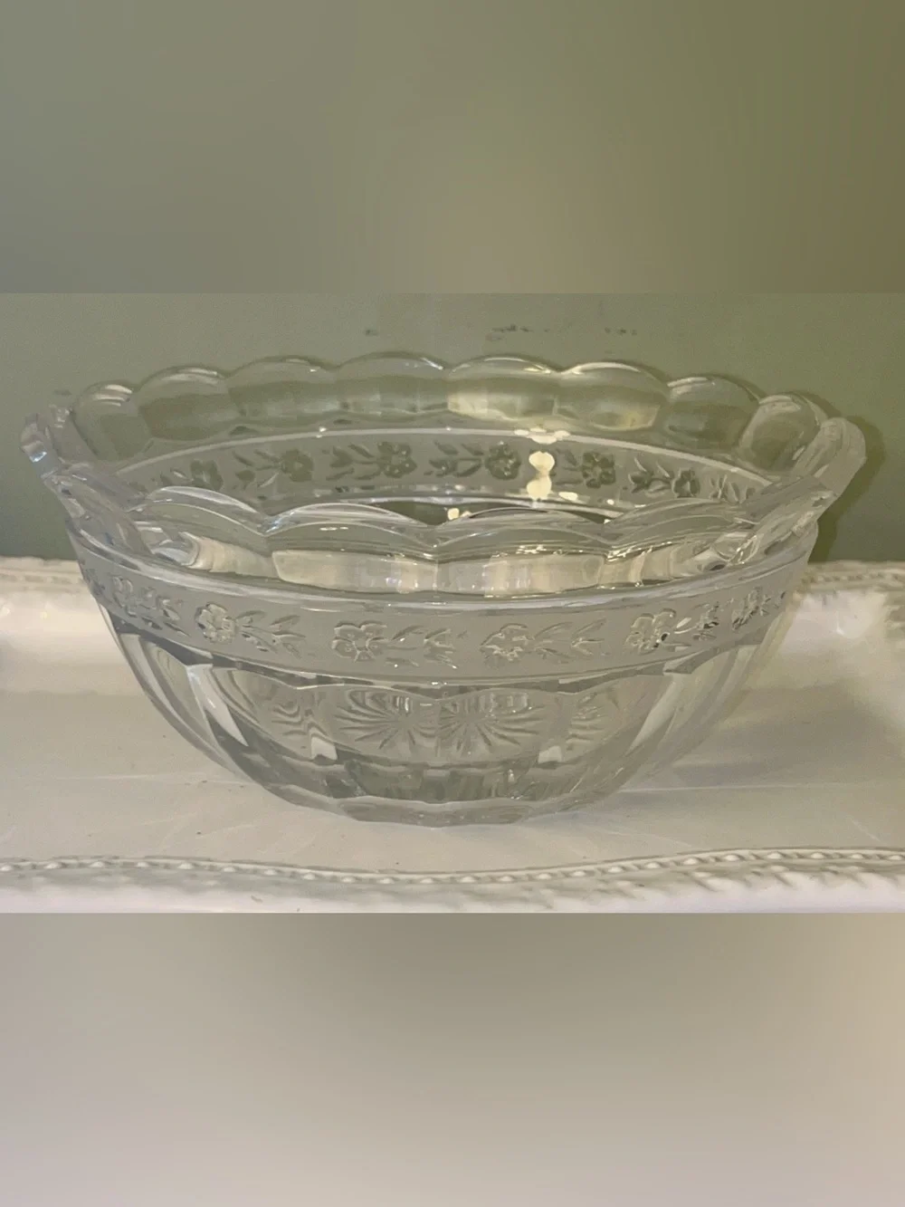 Floral Clear Lead Crystal Depression Glass Serving Bowl  Vintage MCM